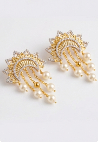 Elegant Pearl Cascade CZ Chandbali Earrings