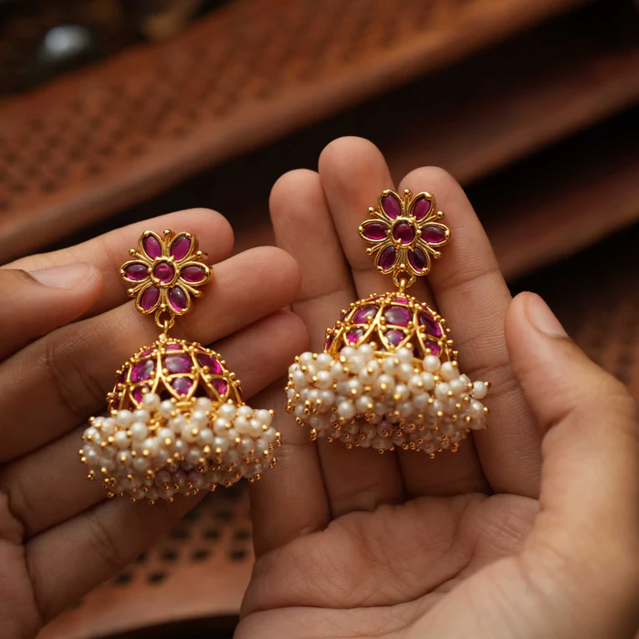 Ruby Blossom Pearl Jhumkas