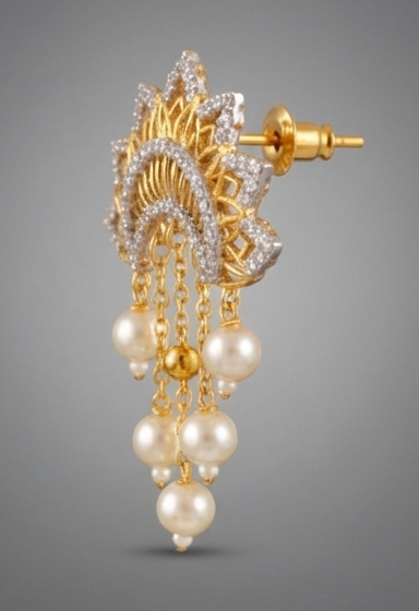 Elegant Pearl Cascade CZ Chandbali Earrings