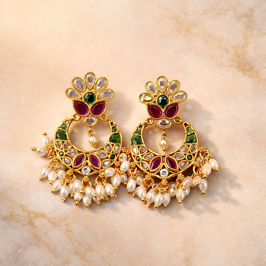 Royal Kundan Pearl Chandbali Earrings