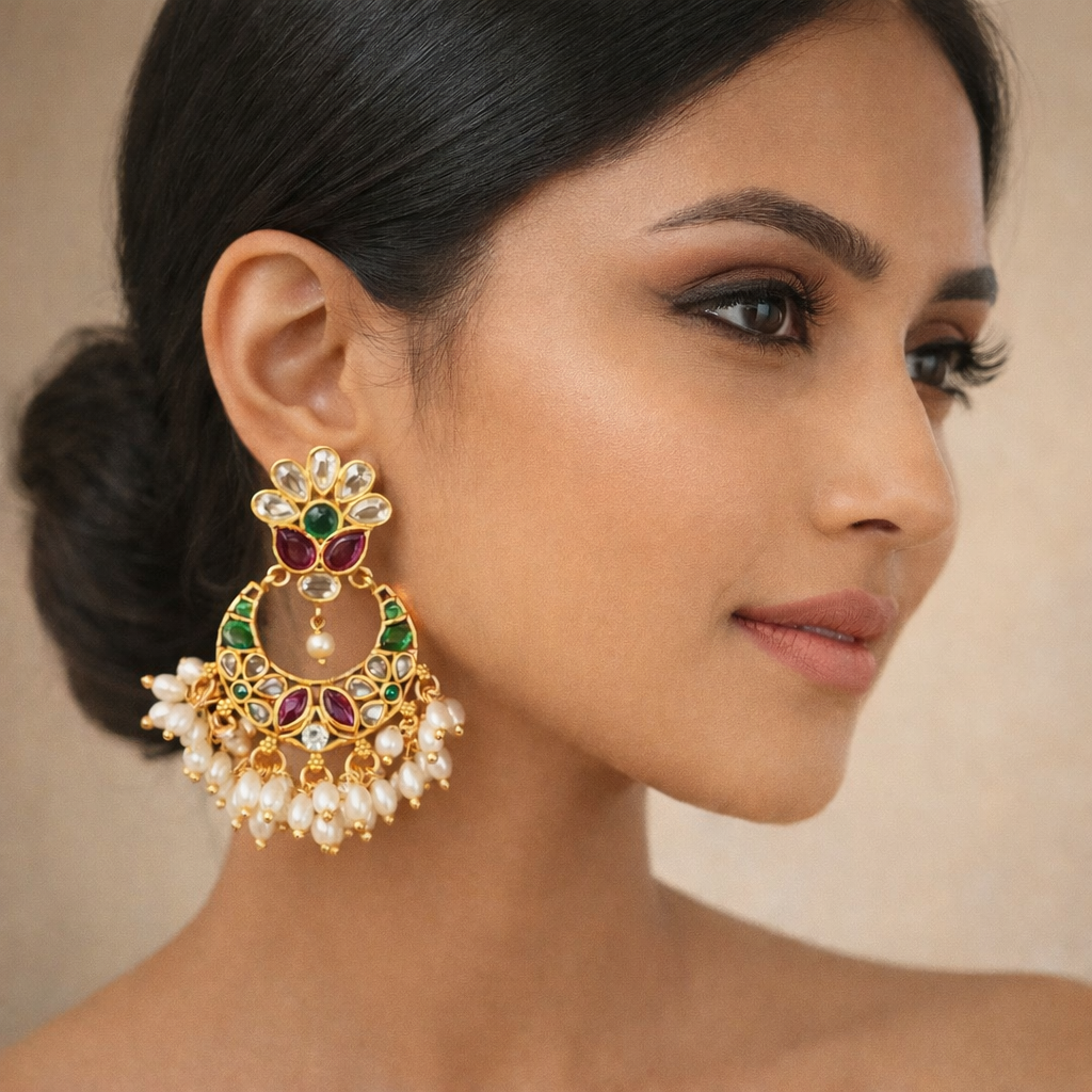 Royal Kundan Pearl Chandbali Earrings